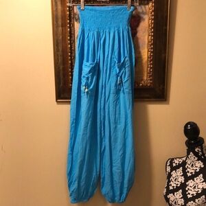 Cotton bohemian wood beaded pocket tie detail balloon elastic waist & hem pants